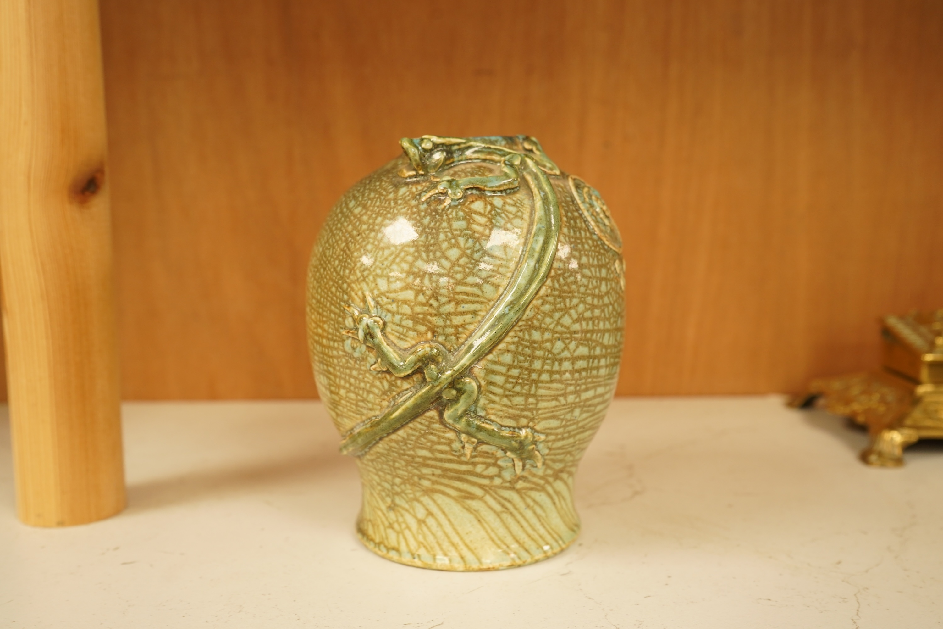 A Mortlake ‘dragon’ vase, monogrammed and dated 1912, 15cm